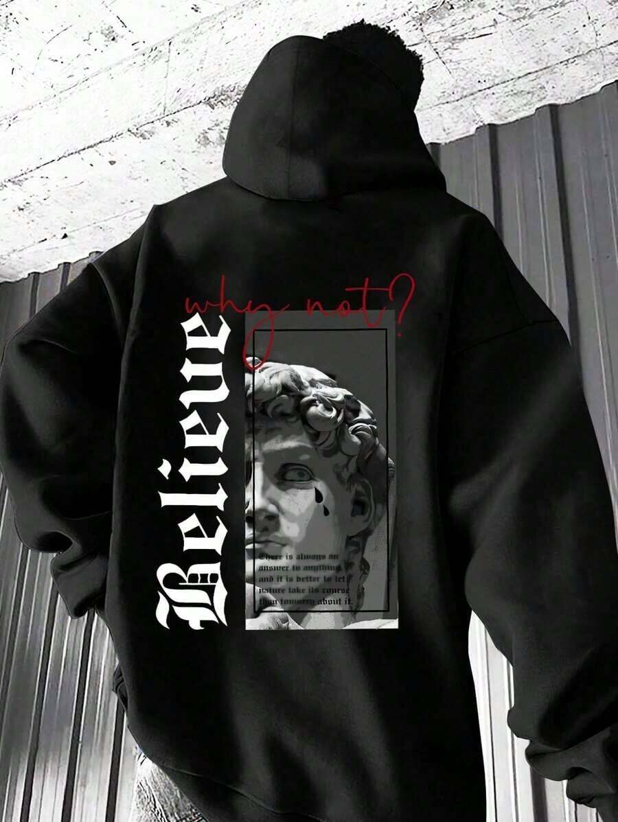 Sweatshirt Cold Weather Printed Blouse Believe Statue And Writings Graffiti Blouse - 黑色 - 查看 1