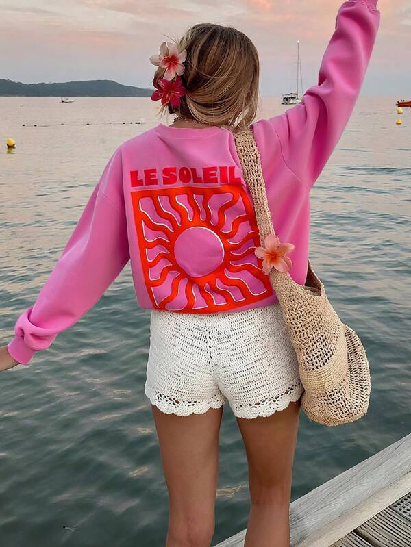Women's Casual Drop Shoulder Crewneck Sweatshirt With Tropical Beach Graphic, Versatile Fall Clothing