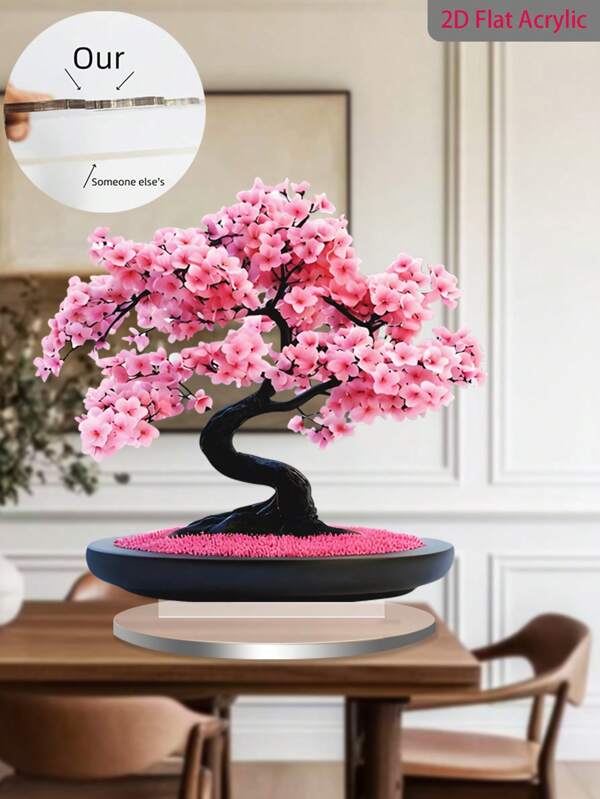 1pc Acrylic Potted Sakura Blossom Tree Decor - Traditional Style, (20cm/7.87inch) 2D Flat Tabletop Display, Black Trunk And Vibrant Pink Flowers, Suitable For All Seasons & Holidays Indoor Decoration, Ideal Gift For Friends, Traditional Decor | Vivid Floral Design, Cherry Blossom Decoration