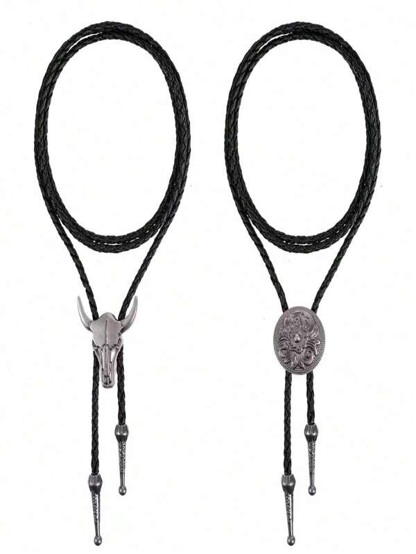 2-teiliges Set für Herren und Damen Bolo Krawatte Rodeo Cowboy Leder Stier Kopf Krawatte Westernkette Bekleidungszubehör, geeignet für tägliches Outfit-Matching, Schule