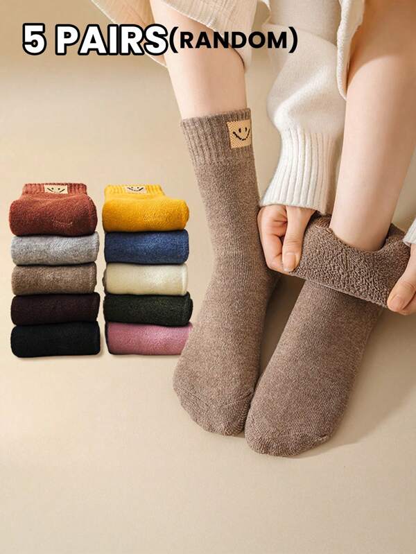 5 paia di calze da donna in pile spesse, colori solidi casuali, con motivi geometrici e a faccia, eleganti e confortevoli, adatte per uso casual quotidiano in autunno/inverno