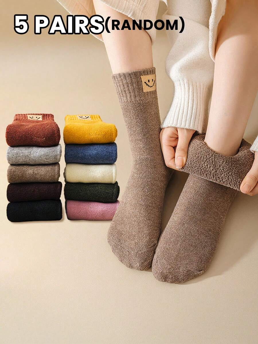 5双女士厚毛绒袜子，随机纯色，几何图案和面部图案，优雅舒适，适合秋冬季日常休闲穿着 - 彩色 - 查看 1