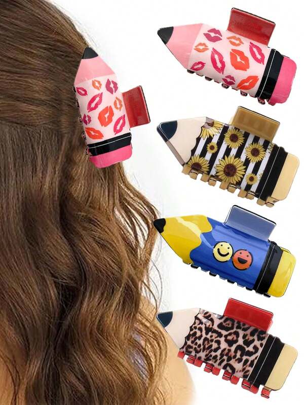 Claw Clips 4pcs Unique Personalized Face, Sunflower, Leopard Print Acrylic Hair Clips, Sophisticated Hair Claw, Half-Head Hair Clip, Ponytail Hair Accessories Suitable For Casual, Sports, School, Themed Events, Birthday, Valentine's Day, Thanksgiving, Holiday Creative Gifts, School Stuff, College