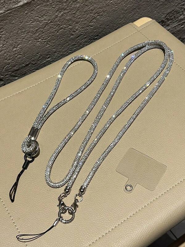 1pc Silver Super Shiny Luxury Rhinestone Lanyard Long Crossbody Chain, Women Sparkly Phone Hanging Strap, Fashion Bag Strap With Rhinestone Decorations, Comes With Clear Clip