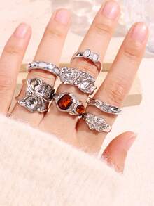 Bộ 7 chiếc nhẫn đá quý Zirconia hình học bạc thanh lịch cổ điển thời trang dành cho nữ, trang sức mùa thu/đông - Nhiều màu - Xem 3