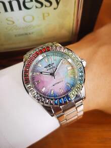 T-WINNER 1 件男士时尚自动手表，奢华冰晶表壳，夜光指针，不锈钢表带，商务时尚机械表，带盒礼品 - 藍色 - 查看 8