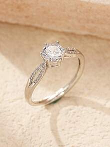 1 件 CZ 单石戒指，订婚可调节戒指，带礼盒，仿钻石白金戒指，适合女友妻子 - 白金 - 查看 2