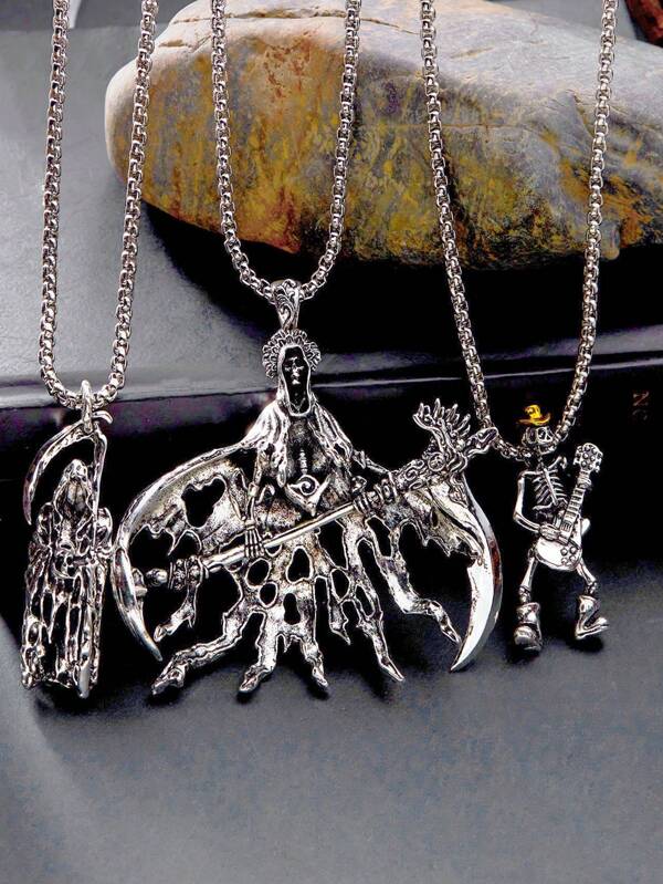 1pc Creative Horror Dark Style Skull Grim Reaper Scythe Pendant Necklace, Suitable For Halloween Party/Daily Wear