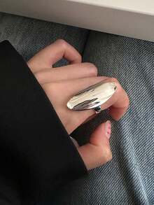 1 件简约椭圆形铜/银开口戒指，适合女性日常佩戴、派对/礼物 - 銀色 - 查看 4