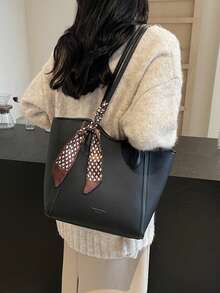 时尚纯色围巾装饰 PU 托特包，大容量通勤复古简约单肩包百搭手提包适合女性 - 黑色 - 查看 3