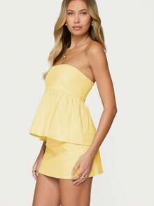 Two Piece Skirt Set For Women Summer Strapless Ruffle Trim Tube Tops Mini Skirt Set Going Out Outfits - Màu vàng - Xem 2