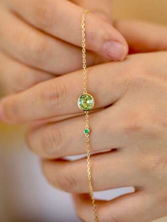 1 pièce Bracelet de chaîne en argent sterling S925 original polyvalent, avec zirconium vert ovale délicat, style vintage élégant minimaliste pour femmes. Convient pour le port quotidien, les festivals, les fêtes, cadeau de bijoux