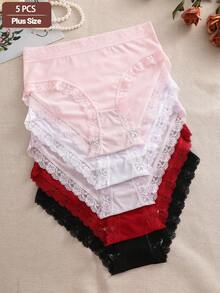5pcs/Set Solid Color High Waist Lace Patchwork Briefs Panties Set For Women