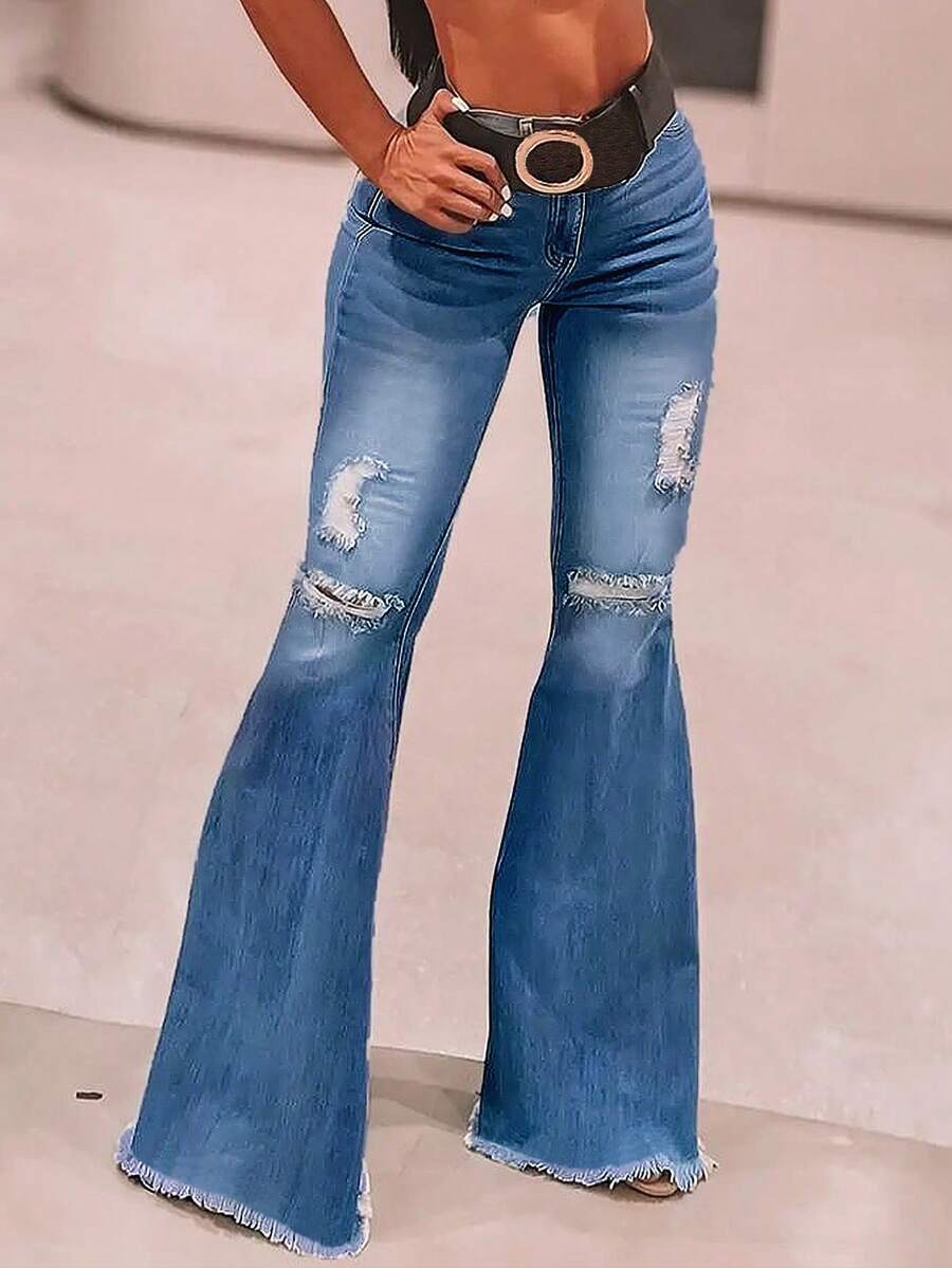 Women's Tight Flared Jeans With Torn Pockets And Stretchy Stretch, Fashionable And Versatile Jeans. Women's Flared Jeans - 深色水洗藍 - 查看 1