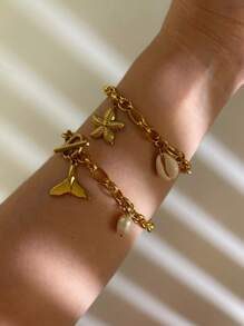 新款女士不锈钢链式手链，时尚 OT 扣设计，搭配海洋风格吊坠，适合个性化日常佩戴 - 金色 - 查看 8