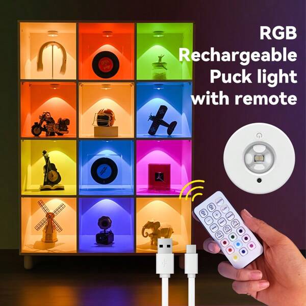 Remote Control Cabinet Light, Rechargeable Spotlight, Timed Off, RGB Light Effect, Multiple Light Colors, Adjustable Brightness, Magnetic Installation