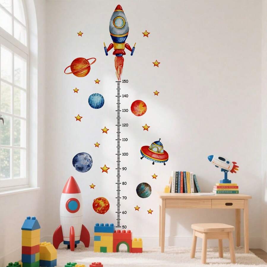 Space Height Chart Wall Decals - Interactive Planet Measuring Sticker With Rocket & Stars, Removable Nursery Height Decor For Kids 50-150cm Growth Tracker,Space Nursery Decor & Kids Room, Space Rocket Stickers, Planet Measuring Decals, Kids Growth Chart Wall , Educational Space Decor