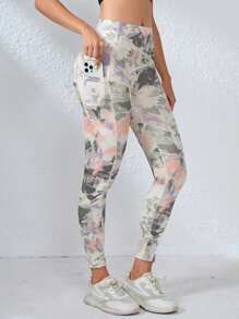 Women's High Waist Printed Yoga Pants With Side Pockets, Slim Fit Leggings For Running Tie-Dye Activewear