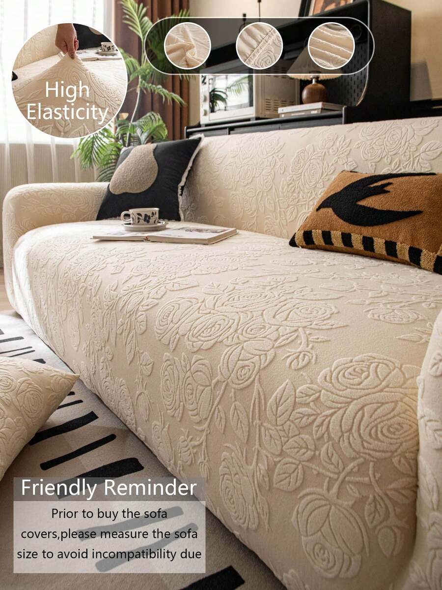 玫瑰花卉图案提花沙发套 - 弹力布艺沙发垫，田园风格个性化沙发套，四季防宠物抓沙发垫，通用沙发装饰和家具保护套，适用于客厅、餐厅、卧室、书房 - 适合 1/2/3/4 座沙发