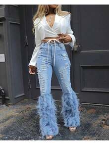 Women's Skinny Ripped Jeans Pearl Distressed Stretchy High Waisted Tassels Slim Fit Denim Pants Y2K Streetwear - 藍色 - 查看 2