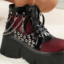 Women's Gothic Punk Style Platform Ankle Boots, Metal Chain Lace-Up Side Zipper Design, Fashionable And Bold, Suitable For Festivals, Parties, Daily Outdoor Casual Wear, All Season