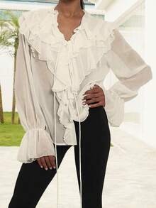 Women Basic Button Up Tops Casual Ruffles Long Sleeve Shirt Blouses - Champagne - View 1