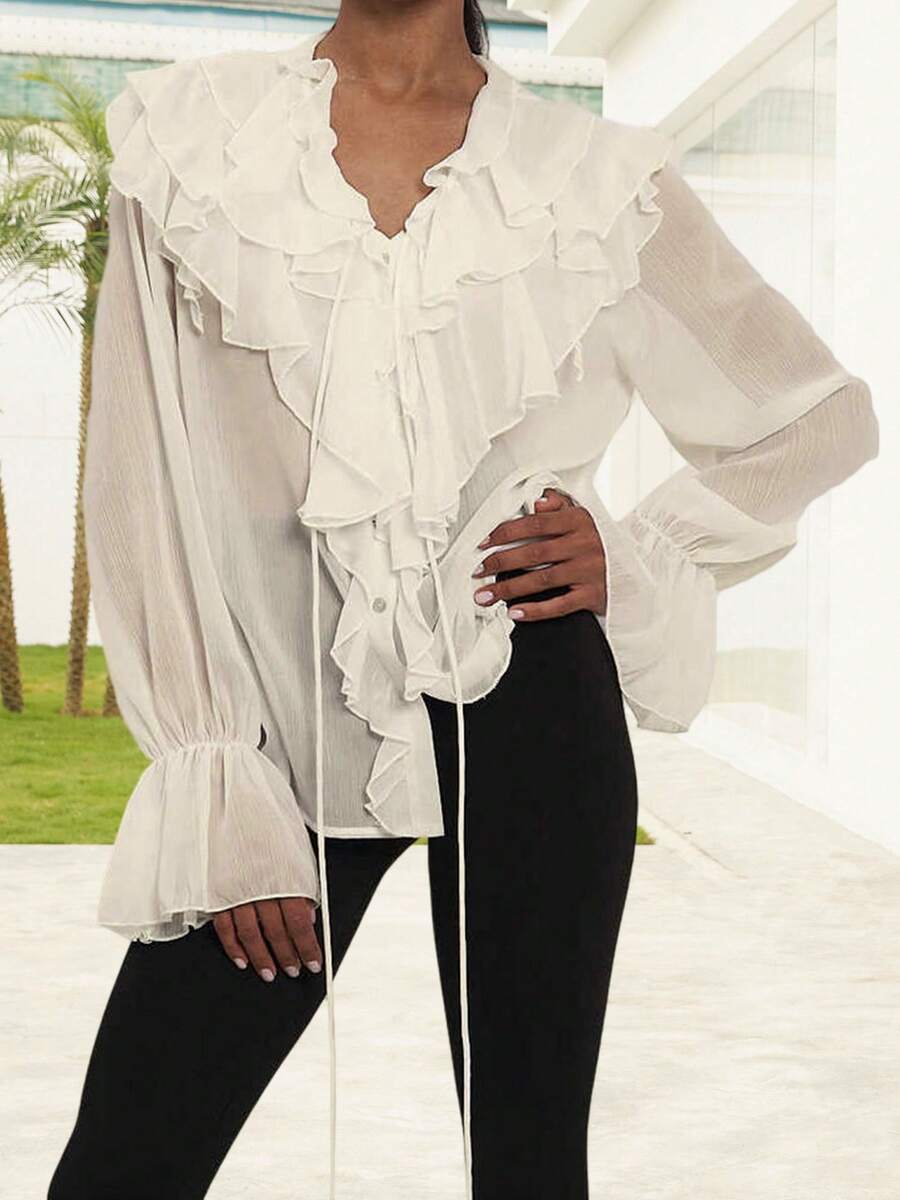 Women Basic Button Up Tops Casual Ruffles Long Sleeve Shirt Blouses - Champagne - View 1