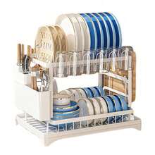 2 Tier Kitchen Sink Dish Drainer Rack With Drip Tray Cutlery Holder Plate Rack,Kitchen Accessaries,Dish Drying Rack,Plate Rack,Multi-Function Dish Rack, Kitchen Rack, Drain Sink, Bowls, Chopsticks, Cups & Plates & Knives Storage Rack Holder, Carbon Steel, Large Capacity - Multicolor - View 18