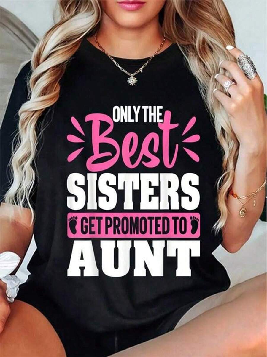 100% Cotton Women The Best Sisters Get Promoted To Aunt Pregnancy Auntie T-Shirt  Graphic Tees Cute Summer Women Tops Puppy Kepp Black - 黑色 - 查看 1