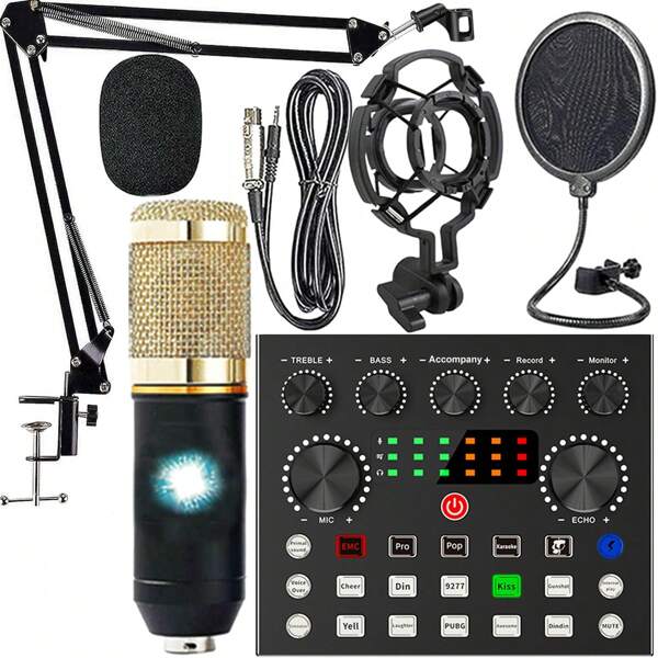 Paquete de equipos para podcast, Micrófono para podcast BM800 con cambiador de voz V8s, paquete de micrófono de condensador para estudio de grabación para podcast, transmisión en vivo, canto en PC y móvil