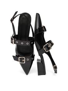 Women's, All - Season Adaptable, Black Patent Leather Buckle Backless Shoes, Square Heel No Fatigue, Workplace Commute Ritual, Patent Leather Material, Sleek & Sharp Shoes - Black - View 11