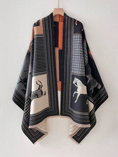 1条优雅高品质动物马图案提花仿羊绒保暖围巾，女士秋冬时尚百搭空调披肩毯，适合日常搭配和装饰连衣裙