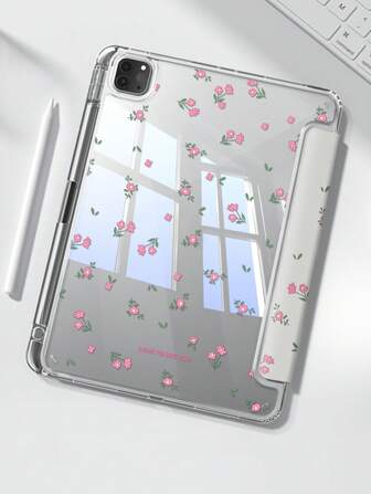 精美卡通粉色字母花朵小碎花图案双面彩绘亚克力透明水晶背板防震支撑睡眠唤醒平板电脑保护套，适用于 iPad 的 iPad 保护套，适用于 iPad 第 10 代、10.2 英寸 iPad 第 7/8/9 代和 10.9 英寸 Air 第 4/5 代。可容纳手写笔作为节日礼物