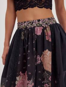 Women Casual High Waist Wide Leg Pants Vintage Flower Print Lace Trim Summer Long Pants Lounge Beach Trousers - 黑色 - 查看 3