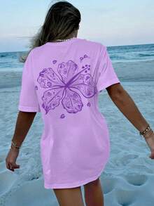 Oversized Y2k Graphic T Shirt For Women Teens Girl Floral Shells Starfish Butterfly Print Short Sleeve Baggy Tee Shirts Loose Fit Vintage Aesthetic Coastal Tops Summer Beach Vacation Preppy Going Out Tops Streetwear - 紫色 - 查看 1