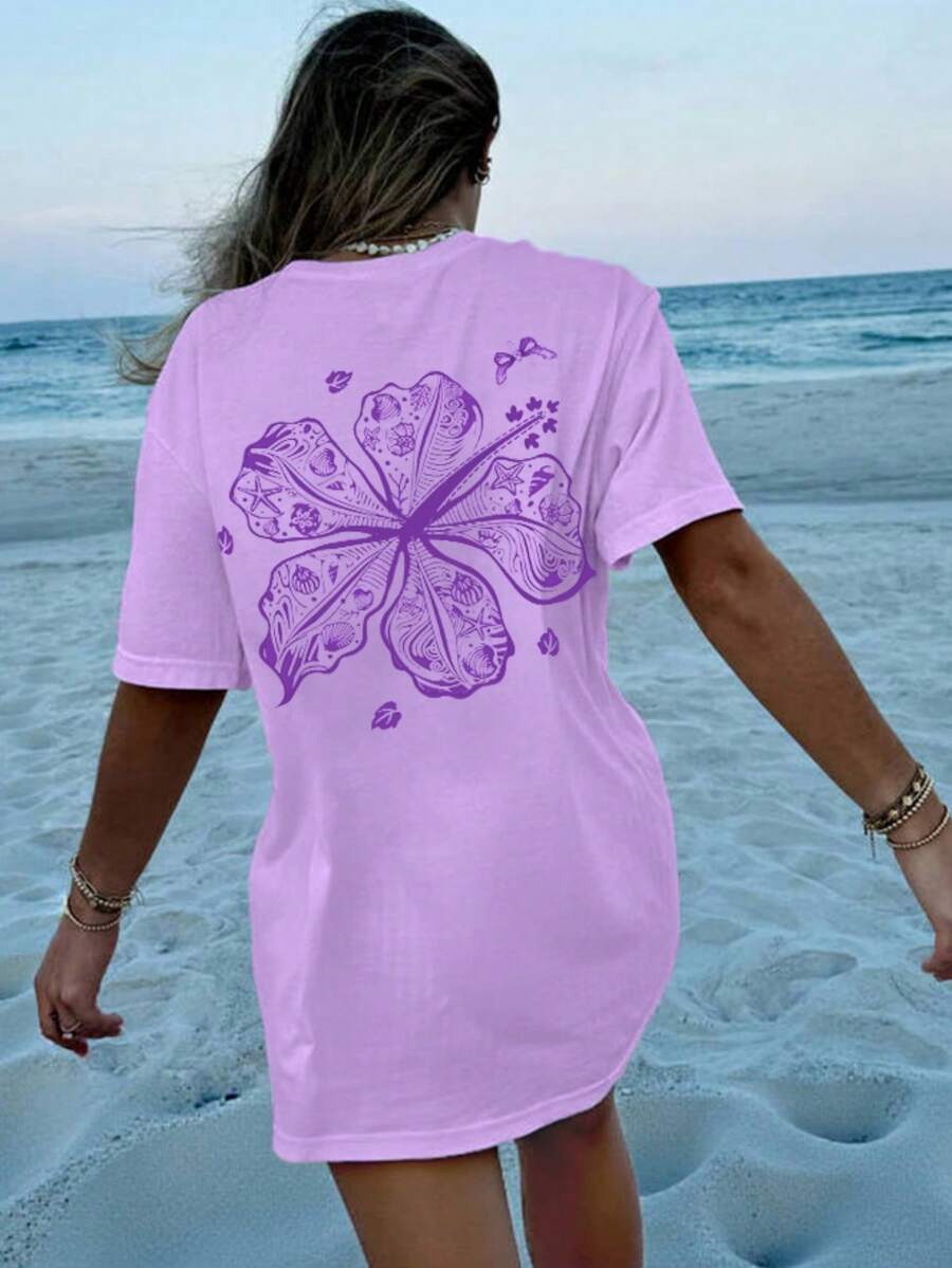 Oversized Y2k Graphic T Shirt For Women Teens Girl Floral Shells Starfish Butterfly Print Short Sleeve Baggy Tee Shirts Loose Fit Vintage Aesthetic Coastal Tops Summer Beach Vacation Preppy Going Out Tops Streetwear - 紫色 - 查看 1