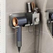 1 pieza Soporte para secador de pelo con gancho para enchufe, soporte para secador, estantes de almacenamiento de baño montados en la pared sin perforación, soporte para brochas de maquillaje, soporte para navajas de plástico, accesorios de baño, organizador de baño