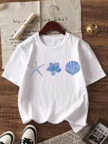 1pc Girls' Casual Shell Art Print Round Neck Short Sleeve T-Shirt, Summer Student Youth Apparel - The Shell Art Style T-Shirt Inspires Imagination And Self-Expression - White - View 4