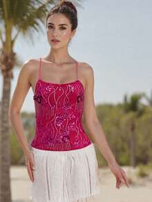Women Summer Camisole Casual Sequin Embroidery Tie Up Backless Spaghetti Straps Tank Tops Sleeveless T-Shirt - 玫紅色 - 查看 7