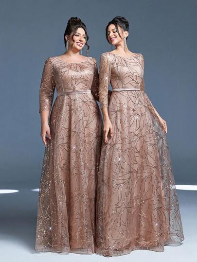 Magiacy 1件装加大码新款圆领晚礼服，亮片撞色蕾丝腰带，优雅A字裙，情人节婚礼春季款