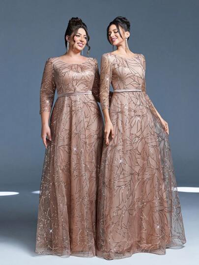 Mgiacy New Arrival Round Neck Plus Size Evening Gown Dress Sequin Contrast Lace Belt Mgiacy-Classy A-Line Dress