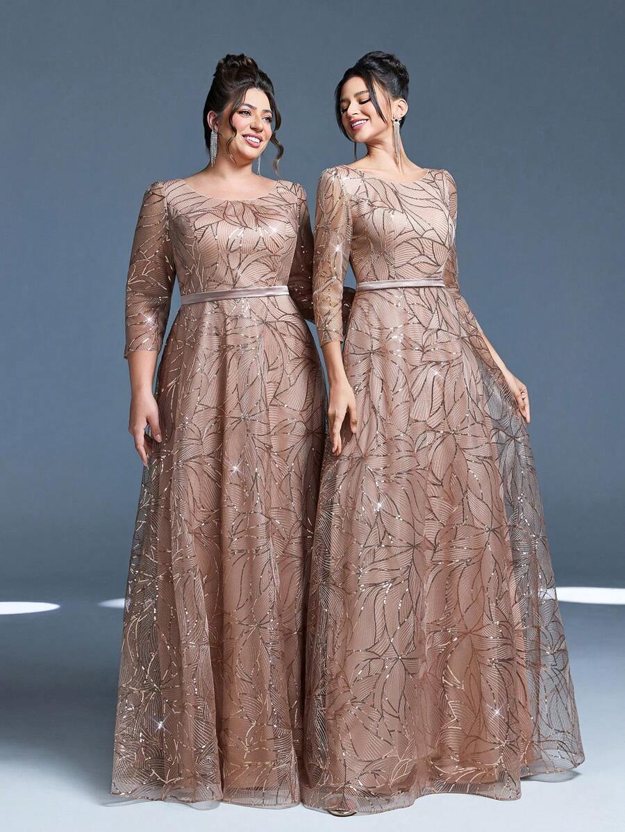 Mgiacy New Arrival Round Neck Plus Size Evening Gown Dress Sequin Contrast Lace Belt Mgiacy-Classy A-Line Dress