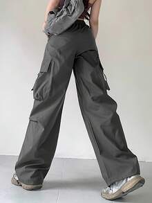 Pantalón largo cargo para dama, pantalones cargo jogger de alta elasticidad y pantalones casuales sólidos para mujer, estilo urbano con cintura alta y cordón ajustable, pierna ancha y bolsillos grandes, en color negro o gris, cómodos, elásticos y ligeros - Gris - Ver 4