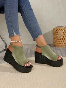 女士纯色厚底凉鞋，踝带休闲夏季沙滩鞋，百搭厚底鞋