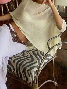 Summer Irregular Knit Cover-Up Crop Top For Women Y2k Aesthetic See-Through T-Shirt Beach Vacation Going Out Tops Womens Crochet Shrug Y2K Hollow Out Bolero Shrug See Through Cropped Top - 黃色 - 查看 6