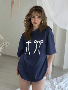 Camiseta para mujer con corte Oversize 100% algodón con cuello redondo y manga corta con diseño cute de moños Playera cómoda y suave - Azul Marino - Ver 3