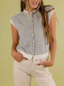 Women Short Rolle Sleeve Basic Knitted T-Shirt Casual Button Up Knit Vest Tops - Multicolor - View 3