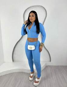 Simple Casual Party Zipper Knot Seersucker Set - Blue - View 2