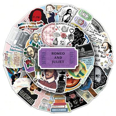 50Pcs William Stickes Reading Stickers Art Stickers Aesthetic Stickers Romeo And Juliet Books Stickers Vinyl Waterproof Stickers For Water Bottle,Computer,Laptop,Phone,Luggage,Notebook,Fridge,Bumper,Car,Guitar