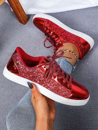 Red Glitter Fashion Low-Top Flat Walking Shoes, Comfortable For Travel, Commute, Casual, Suitable For School, Holiday Party, Gathering